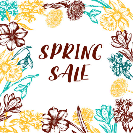 Vintage floral frame with spring flowers. Hand drawn vector illustrationのイラスト素材