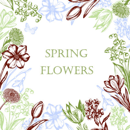 Vintage floral frame with spring flowers. Hand drawn vector illustrationのイラスト素材