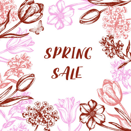 Vintage floral frame with tulips and spring flowers. Hand drawn vector illustrationのイラスト素材