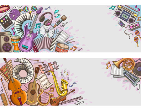 Hand drawn doodle musical banners with different musical instruments. Vector illustration. Music styles conceptual backgroundsのイラスト素材