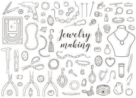 Tools, jewelry fittings and beads for making jewelry. Hand drawn doodle vector illustrationsのイラスト素材