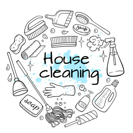 Hand drawn doodle house cleaning round banner. Cleaning service. Vector illustration.のイラスト素材