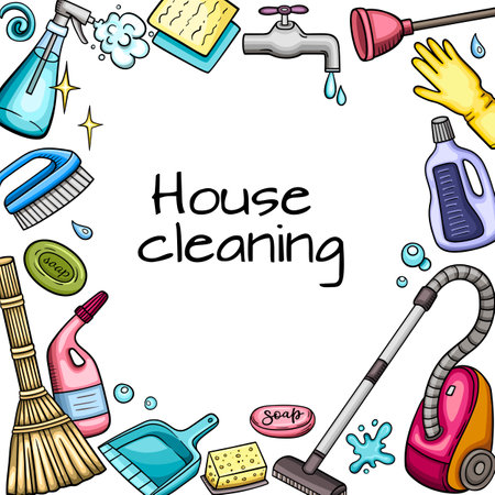 Hand drawn doodle background with house cleaning tools. Vector illustrationのイラスト素材