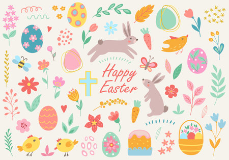 Cute cartoon Easter design kit. Vector illustration.のイラスト素材