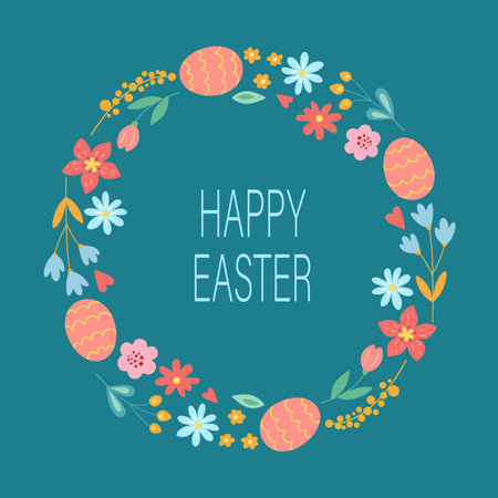 Festive round Easter floral frame with decorative eggs and flowers on a green background. Vector illustrationのイラスト素材