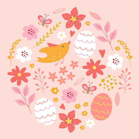 Festive round Easter banner with decorative eggs, bird and flowers on a pink background. Vector illustrationのイラスト素材