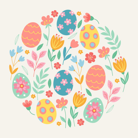 Festive round Easter banner with decorative eggs and flowers. Vector illustrationのイラスト素材