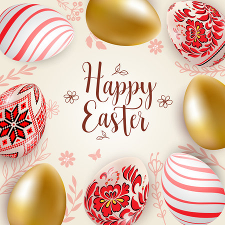 Festive Easter greeting card.  Decorative eggs with traditional ethnic red ornament. Vector illustrationのイラスト素材