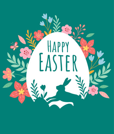 Easter greeting card with silhouette of rabbit and flowers on a green background. Vector...
