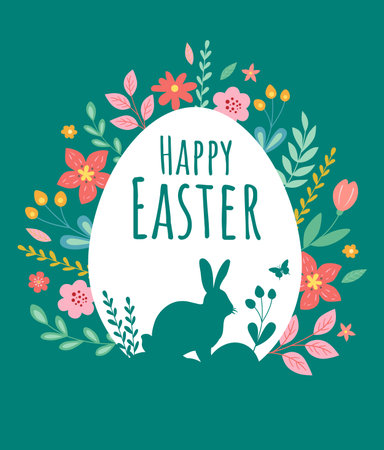 Easter greeting card with silhouette of rabbit and flowers on a green background. Vector illustrationのイラスト素材