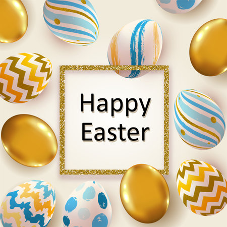 Festive Easter greeting card with decorative eggs and golden glitter frame. Vector illustrationのイラスト素材