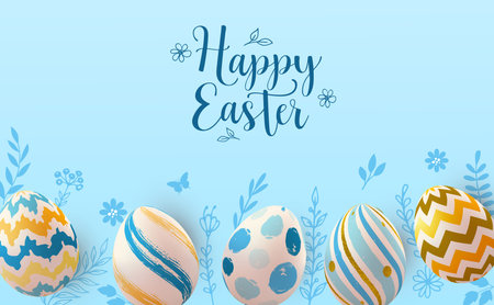 Festive Easter greeting card with decorative eggs and flowers on a blue background. Vector illustrationのイラスト素材