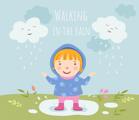 Cute cartoon little girl walking in the rain. Vector illustration.のイラスト素材