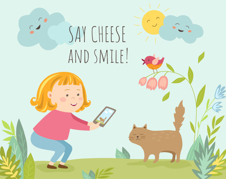 Cute cartoon little girl takes a picture of cat on phone. Vector illustration.のイラスト素材