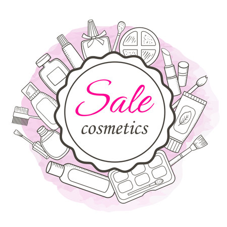 Hand drawn make up and cosmetics doodle round banner.  Cosmetics on a pink watercolor background. Vector illustrationのイラスト素材
