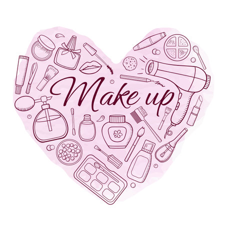 Hand drawn make up and cosmetics doodle heart shaped banner.  Cosmetics on a pink watercolor background. Vector illustrationのイラスト素材