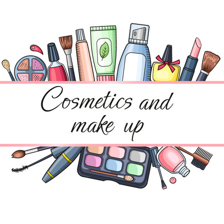 Hand drawn make up and cosmetics horizontal banner. Vector illustration. Beauty salon conceptのイラスト素材