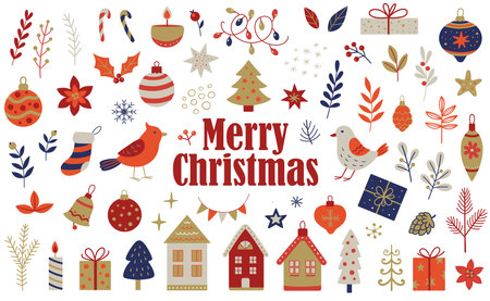 Set of Christmas and New Year design elements, decorations, florals. Vector illustrations.のイラスト素材