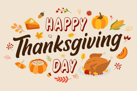Decorative festive greeting card for Thanksgiving day with traditional food and pumpkins. Vector backgroundのイラスト素材
