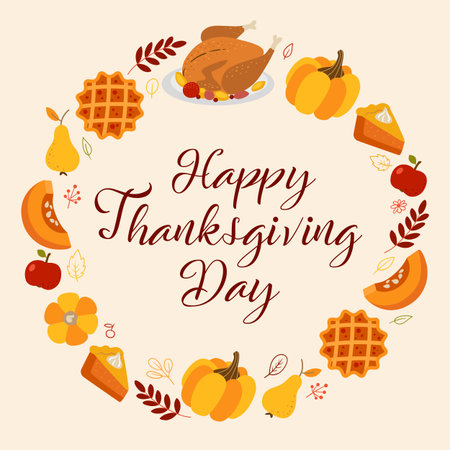 Decorative festive greeting card for Thanksgiving day with traditional food. Vector illustrationのイラスト素材