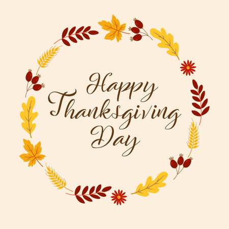 Decorative festive greeting card for Thanksgiving day with autumn leaves. Vector backgroundのイラスト素材