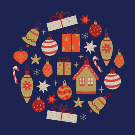 Christmas greeting card with decorations a blue background.  Vector illustrations.のイラスト素材