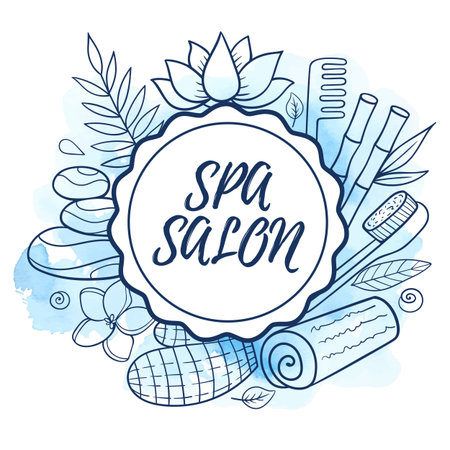 SPA and massage salon cocept, aromatherapy and bodycare.  Vector illustration, blue watercolor backgroundのイラスト素材
