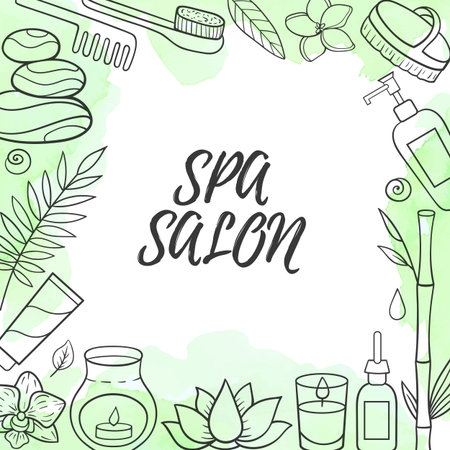 SPA and massage salon cocept, aromatherapy oils, candles and bodycare.  Vector illustration, green watercolor backgroundのイラスト素材