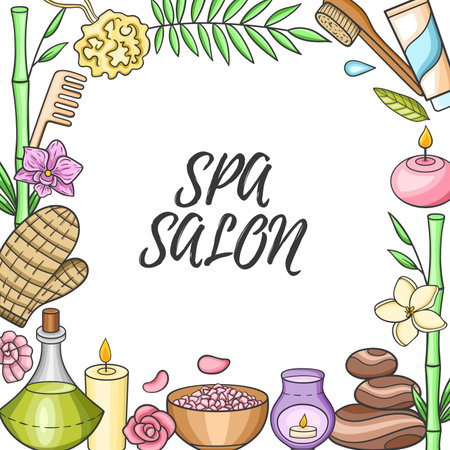 SPA and massage salon concept, aromatherapy oils, candles and body care.  Vector illustrationのイラスト素材