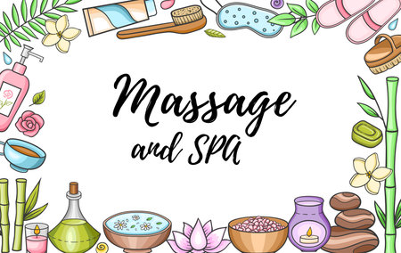 SPA and massage salon concept, aromatherapy oils, candles and body care.  Vector illustrationのイラスト素材