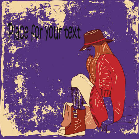 illustration of sad pretty girl in hat, sitting on the stairのイラスト素材