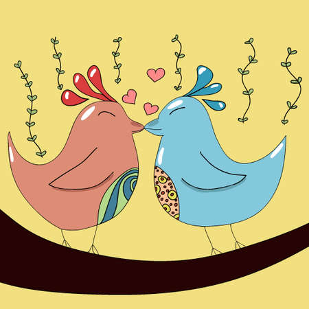 Two birds sitting on the tree branch and kissing each otherのイラスト素材