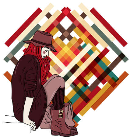 illustration of sad pretty girl in hat, sitting on the stairのイラスト素材