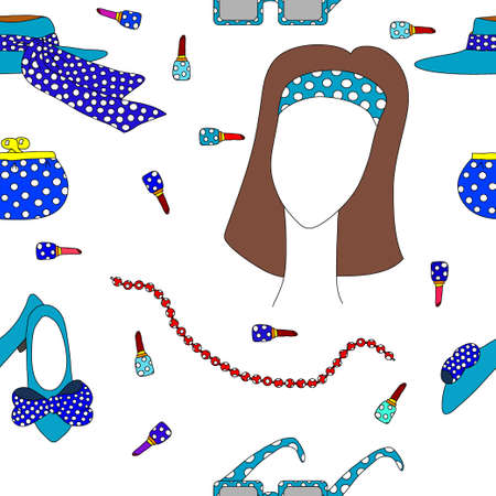 Seamless pattern with blue female accessories with polka dotのイラスト素材