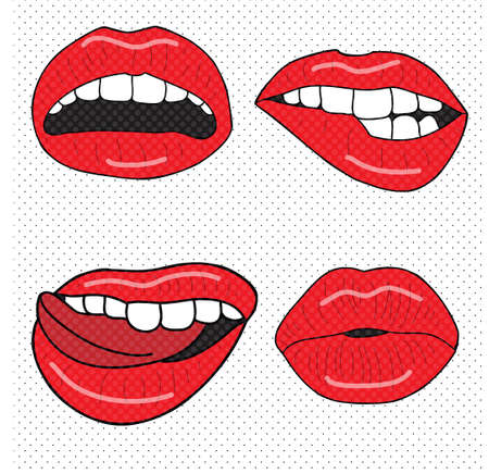 Set of four red sexy lips with pop-art dotsのイラスト素材