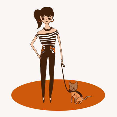 Cartoon thin girl with catのイラスト素材