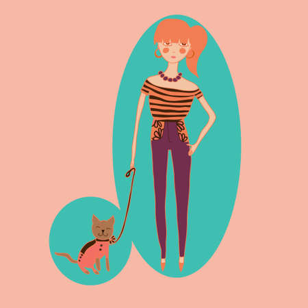 Cartoon thin girl with catのイラスト素材