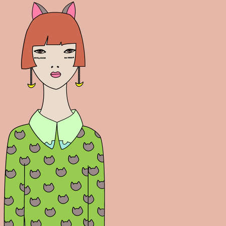 Pretty girl in headband with cat earsのイラスト素材