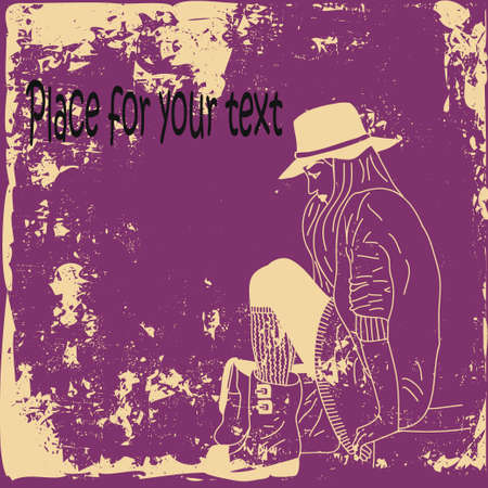 contour of sad pretty girl in hat, sitting on the stairのイラスト素材