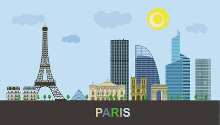 Historical and modern buildings of Paris. Urban landscape of the Eiffel Tower. Vector illustration.のイラスト素材