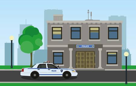 The police car opposite the of the police station.のイラスト素材