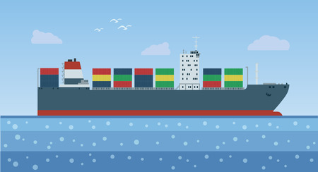 Cargo ship with a cargo into the sea. Vector illustration.のイラスト素材