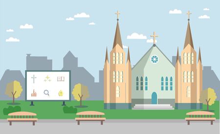 The church on the background of the city. Icons with Catholic symbols. Vector illustration.のイラスト素材