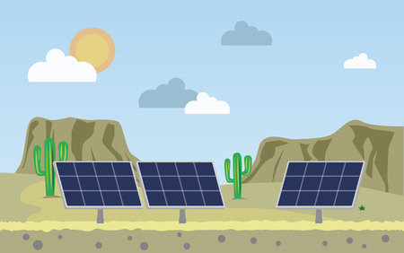 Solar panels on the background of mountains. Ecological energy. Vector illustration.のイラスト素材
