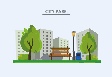 City park with a bench, a lantern and nature. Vector illustration.のイラスト素材