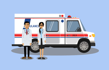 Doctors next to the ambulance. Vector illustration.のイラスト素材