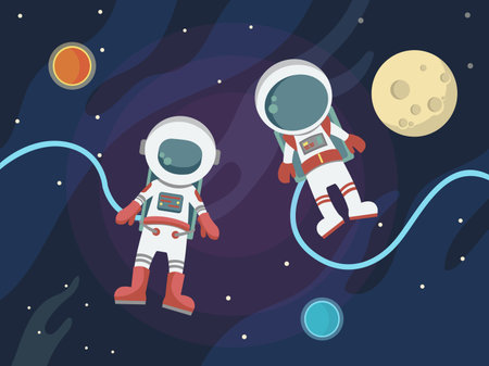 Astronaut in space against the background of stars and planets. Vector illustration.