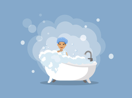 A man washes in the bathroom with foam. Vector illustration.のイラスト素材