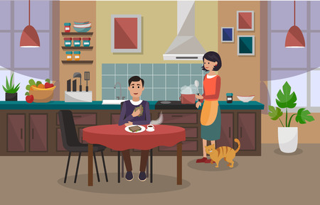 The woman is cooking, and the man is having lunch. Kitchen interior.のイラスト素材
