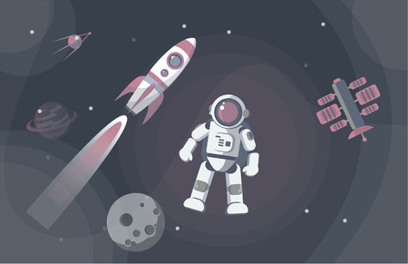 Astronaut in space against the background of stars and planets. Vector illustration.のイラスト素材